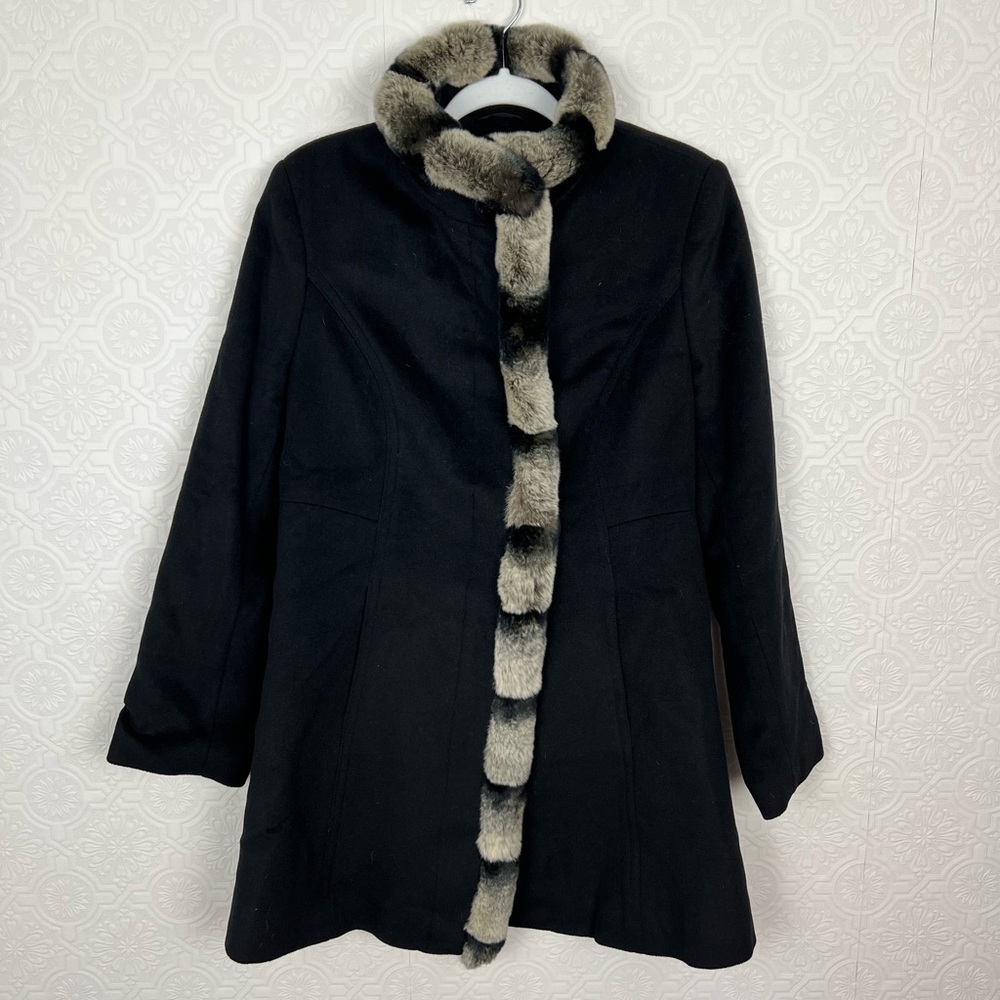 Vintage Black Pea Coat with Gray Fur Trim
